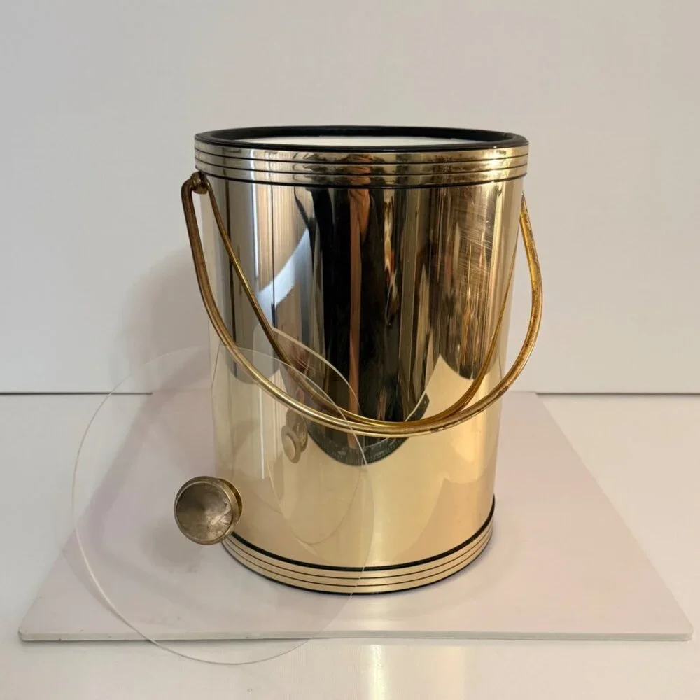 Vintage Kraftware Ice Bucket Gold Foil Tall MCM Regency Barware Clear Lid Retro